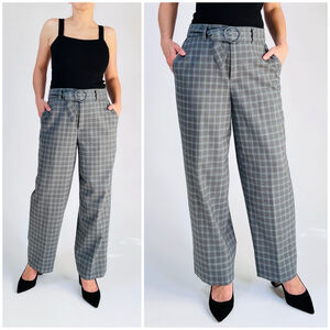 Club Monaco Womans Pants Gray Blue Plaid Trousers Belt Size 8
